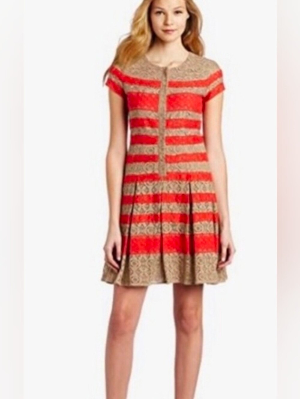 Bcbgmaxazria Dress Tan Red Stripe Dasen Mixed Lace Short Sleeve Button Up Size 6